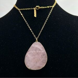 Whitley V., Polished Pink Quartz Pendant, Long Gold Chain